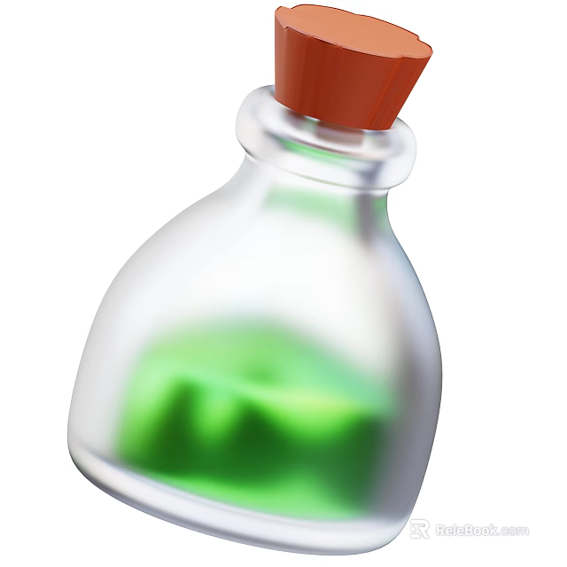 Clear Glass Wine Bottle With Red Cork Containing Green Liquid Inside 3d model 