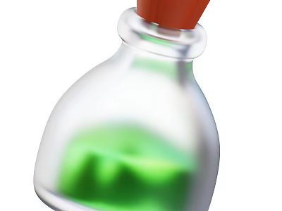 Clear Glass Wine Bottle With Red Cork Containing Green Liquid Inside 3d model