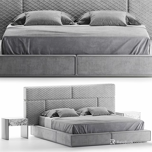Modern Double Bed With Textured Headboard Comfortable Mattress Pillows And Nightstand 3d model