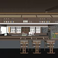 Traditional Japanese Restaurant Interior With Bar Counter Wooden Seats And Wine Bottles