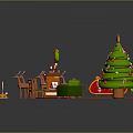 Reindeer Pulling Sleigh Near Decorated Christmas Trees and Festive Dining Table with Gifts