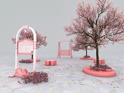 Pink Cherry Blossom Scene With Swing Welcome Sign And Flower Beds On Geometric Floor 3d model
