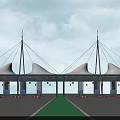 Toll Station Featuring White Membrane Canopy Multiple Toll Booths And Green Lane