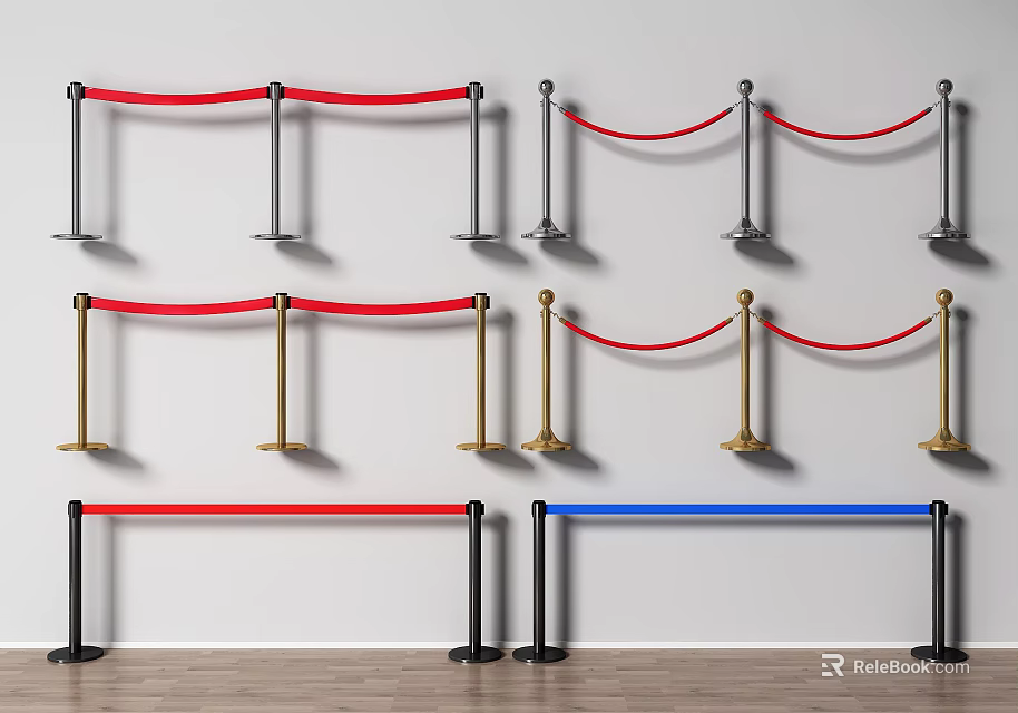 Different Colored Stanchion Ropes With Black Gold Posts On Wall And Floor 3d model 