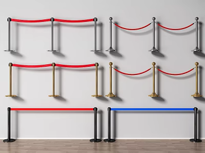 Different Colored Stanchion Ropes With Black Gold Posts On Wall And Floor 3d model