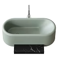 Modern Beige Bathtub Design With Black Marble Countertop And Faucet