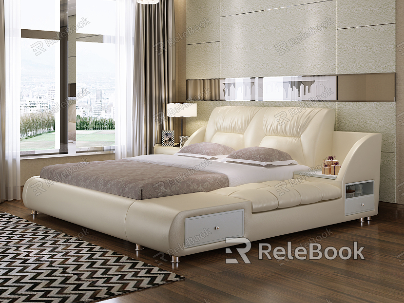 Modern background double bed leather bed bedside table model