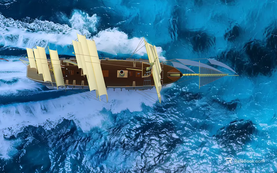 Sailing Ship With White Sails And Brown Hull Sailing On Blue Ocean Waves 3d model