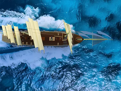 Sailing Ship With White Sails And Brown Hull Sailing On Blue Ocean Waves 3d model