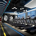 Fitness Studio Interior With Spin Bikes Large Screen Starry Sky Forest Background Red Purple Lighting 3d model