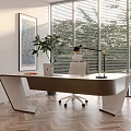 Modern Office Desk With Large Windows Blinds Green Plant Chair Desk Lamp And Wooden Floor