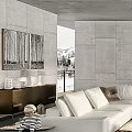 Modern Living and Dining Room Interior With White Sofa Glass Coffee Table and Large Windows