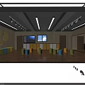 School Activity Room Featuring Large Screen Colorful Stools Windows And Wooden Cabinets
