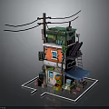 Colorful Multi Story Small Building With Utility Pole Power Lines Green Vines And Staircase