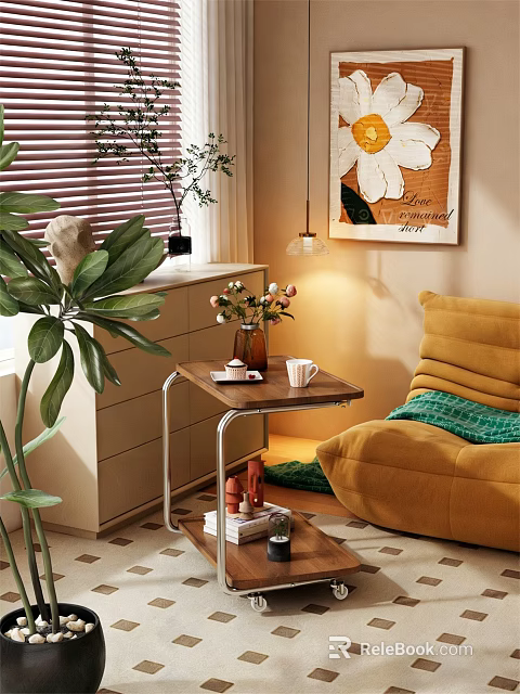 Cozy Side Table With Yellow Sofa Green Throw Blanket Flower Vase And Potted Plants 3d model 