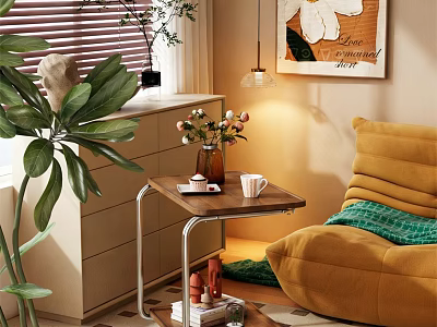 Cozy Side Table With Yellow Sofa Green Throw Blanket Flower Vase And Potted Plants 3d model