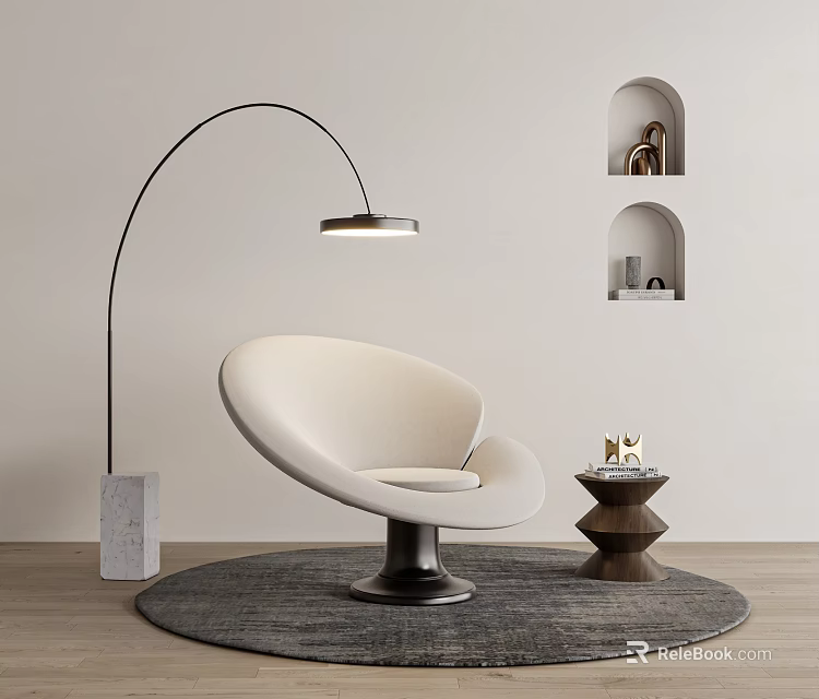 Modern White Curved Accent Chair With Arched Floor Lamp Round Side Table And Gray Rug 3d model 