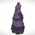 Purple High Neck Gray Patterned Dress With Black Ruffled Three Quarter Sleeves And Layered Skirt