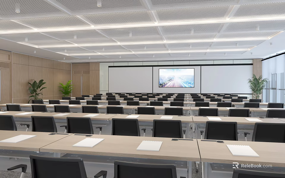 Spacious Modern Conference Room Interior With Arranged Tables Chairs Projection Screen And Decorative Plants 3d model 