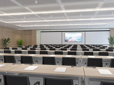 Spacious Modern Conference Room Interior With Arranged Tables Chairs Projection Screen And Decorative Plants 3d model