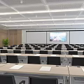Spacious Modern Conference Room Interior With Arranged Tables Chairs Projection Screen And Decorative Plants