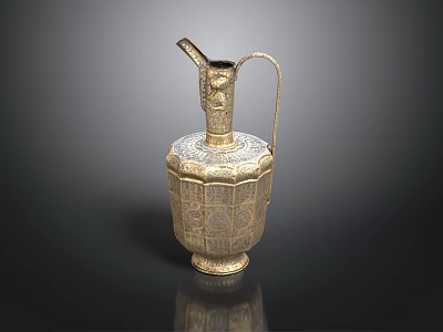 Golden Decorative Household Pitcher Featuring Intricate Carvings Curved Spout and Handle 3d model