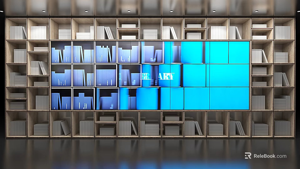 Modern Bookcase Interior With Multiple Shelves Blue Cabinets And Arranged Books 3d model 