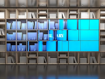 Modern Bookcase Interior With Multiple Shelves Blue Cabinets And Arranged Books 3d model