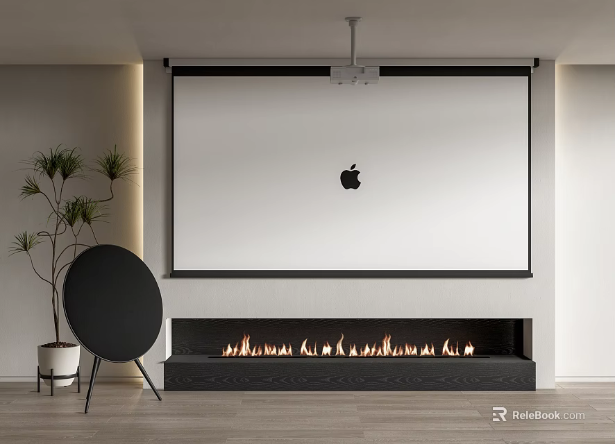 Projection Monitoring Setup With Apple Logo On Screen In Modern Interior With Fireplace 3d model 