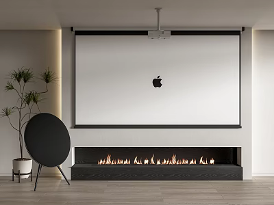 Projection Monitoring Setup With Apple Logo On Screen In Modern Interior With Fireplace 3d model