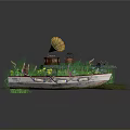 Rustic Waterside Scene With Wooden Boat Gramophone Small Bench Flowers And Green Grass