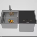 Stainless Steel Kitchen Sink With Modern Faucet Black Panel And Fruits In Basin