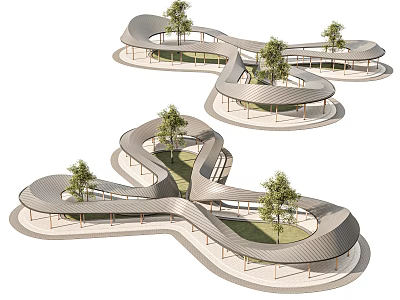 Curved Pergola Structure With Trees And Greenery In Modern Garden Design 3d model