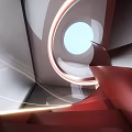 Modern Red Spiral Staircase With Curved Structure And Interior Hall Lighting Design