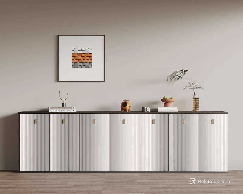 Modern Entryway Console Cabinet White Vertical Stripe Design With Potted Plant Decorative Items Wall Art 3d model 