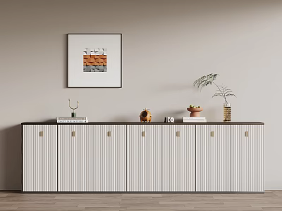 Modern Entryway Console Cabinet White Vertical Stripe Design With Potted Plant Decorative Items Wall Art 3d model