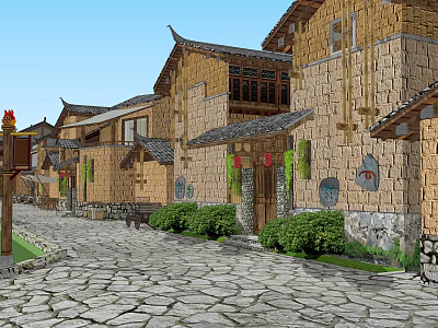 Traditional Boutique Hotel Building With Stone Paved Path Green Plants And Stone Walls 3d model