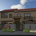 Detached Villa With Red Tile Roof Brown Beige Exterior Windows Balcony Greenery Palm Trees Lawn Blue Sky White Clouds