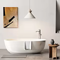 White Freestanding Bathtub With Hanging Towel Pendant Light Abstract Painting And Wooden Side Table