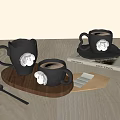 Black Ceramic Mugs With White Flower Decor On Wooden Tray And Spoon Accessory