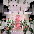 Banquet Hall Interior With Curved White Strip Ceiling And Pink White Flower Arrangements