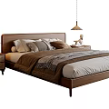 Modern Double Bed With Wooden Headboard Pillows Blanket Bedside Table Lamp And Pendant Light