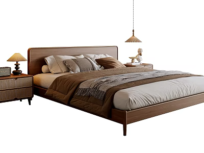 Modern Double Bed With Wooden Headboard Pillows Blanket Bedside Table Lamp And Pendant Light 3d model