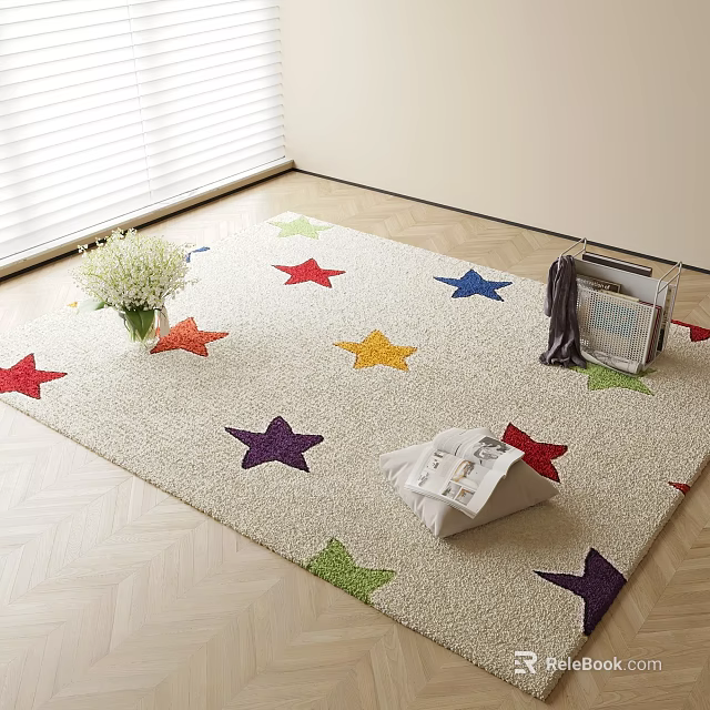Square Rug with Colorful Star Patterns on Light Wooden Herringbone Floor and White Flowers 3d model 