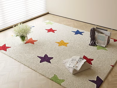 Square Rug with Colorful Star Patterns on Light Wooden Herringbone Floor and White Flowers 3d model