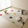 Square Rug with Colorful Star Patterns on Light Wooden Herringbone Floor and White Flowers