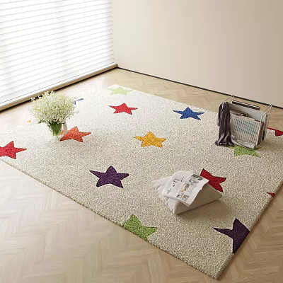 Square Rug with Colorful Star Patterns on Light Wooden Herringbone Floor and White Flowers 3d model