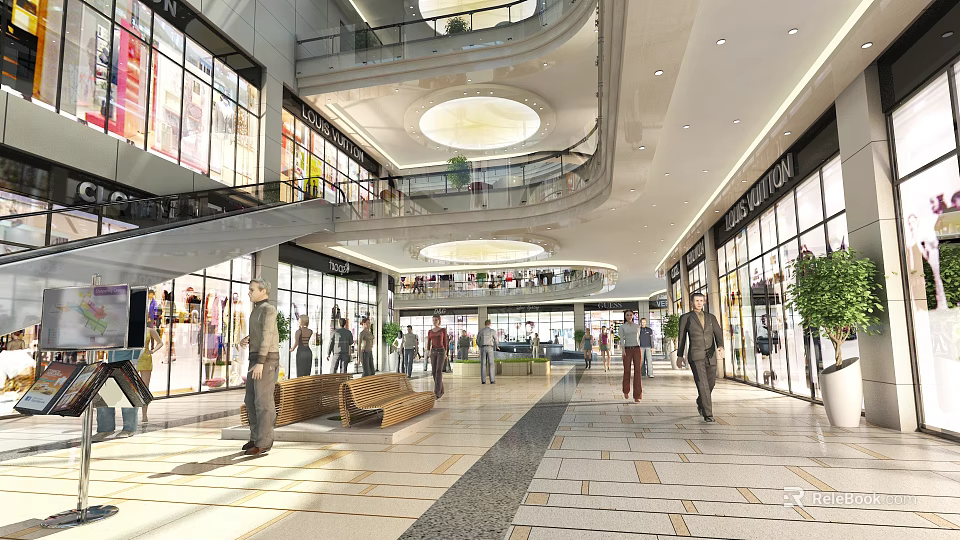 Spacious Modern Shopping Mall Atrium With Multi Level Design Glass Facades Escalators And Shoppers 3d model 