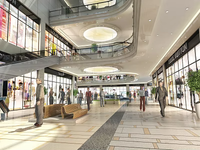 Spacious Modern Shopping Mall Atrium With Multi Level Design Glass Facades Escalators And Shoppers 3d model