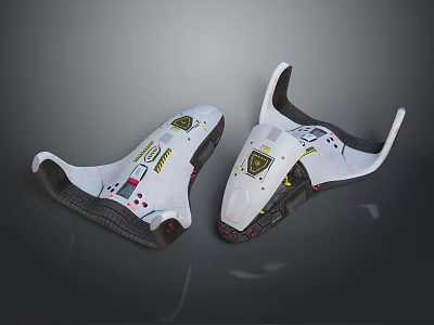 Two White Protective Gear Pieces With Yellow Black Patterns And Ergonomic Design 3d model